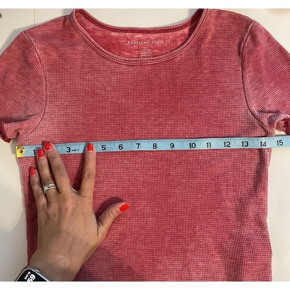 American Eagle Burnout Red Waffle Baby Tee Short Sleeve Lettuce Hem Size Small - Picture 10 of 10